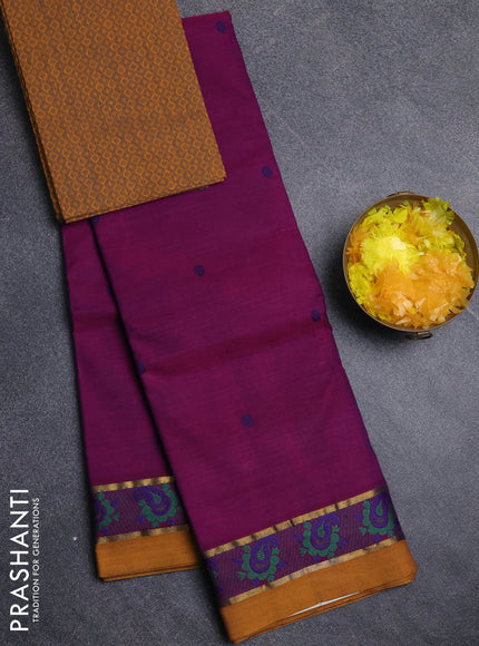 Chettinad cotton saree purple and mustard yellow with plain body and thread woven border