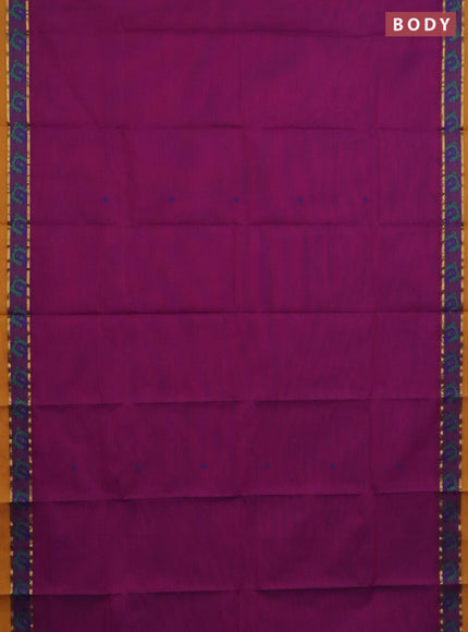 Chettinad cotton saree purple and mustard yellow with plain body and thread woven border