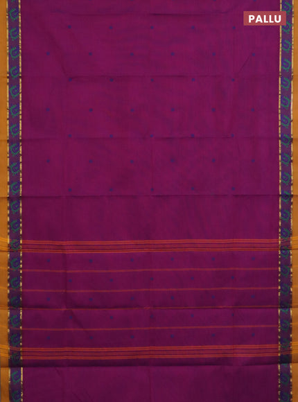 Chettinad cotton saree purple and mustard yellow with plain body and thread woven border