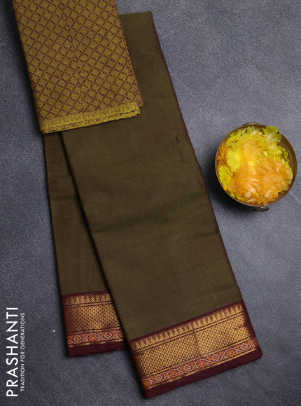 Chettinad cotton saree mehendi green and deep maroon with plain body and zari woven border