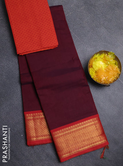 Chettinad cotton saree deep maroon and red with plain body and zari woven border