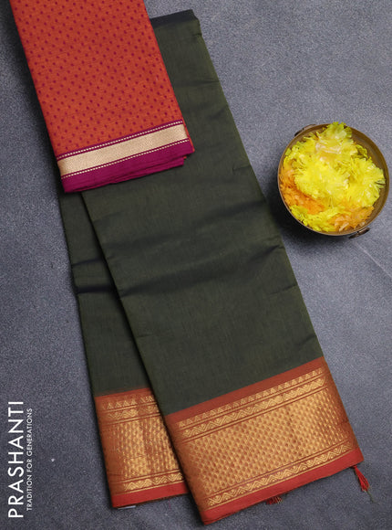 Chettinad cotton saree dark sap green and rust shade with plain body and zari woven border