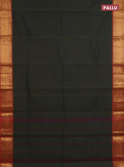 Chettinad cotton saree dark sap green and rust shade with plain body and zari woven border