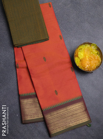 Chettinad cotton saree dual shade of pinkish orange and green with thread woven buttas and zari woven border