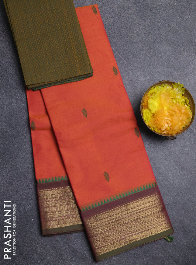 Chettinad cotton saree dual shade of pinkish orange and green with thread woven buttas and zari woven border