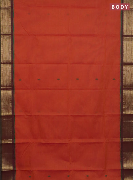 Chettinad cotton saree dual shade of pinkish orange and green with thread woven buttas and zari woven border
