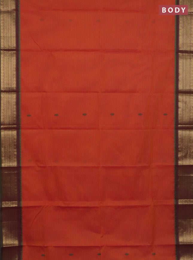 Chettinad cotton saree dual shade of pinkish orange and green with thread woven buttas and zari woven border