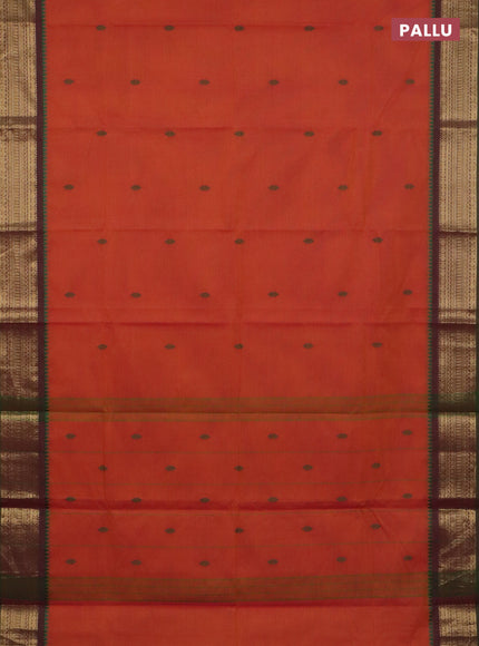 Chettinad cotton saree dual shade of pinkish orange and green with thread woven buttas and zari woven border