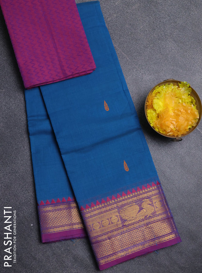 Chettinad cotton saree cs blue and magenta pink with thread woven buttas and zari woven border