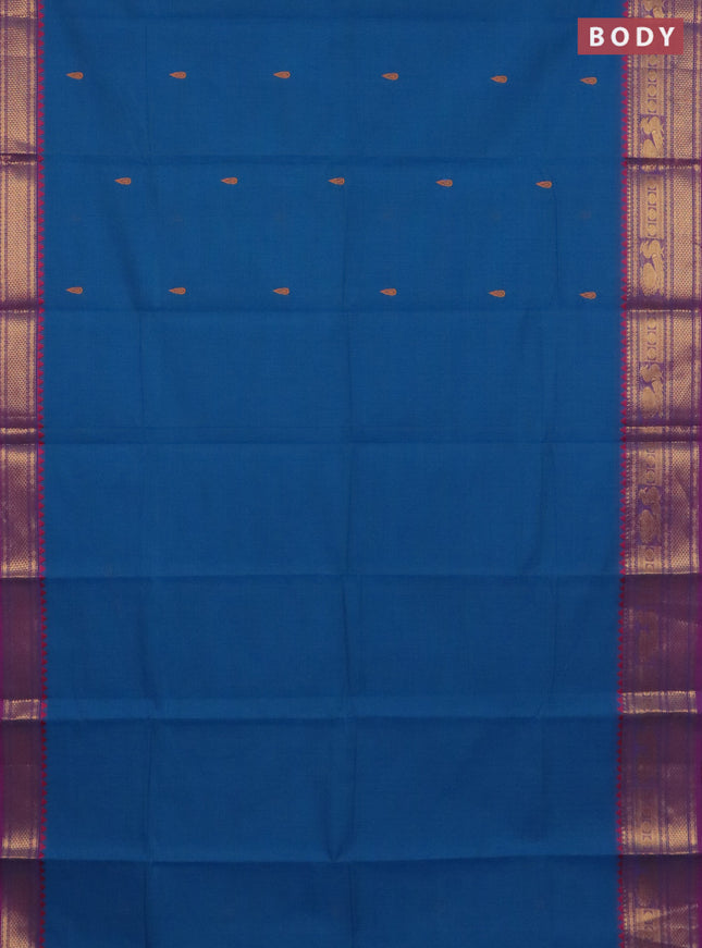 Chettinad cotton saree cs blue and magenta pink with thread woven buttas and zari woven border
