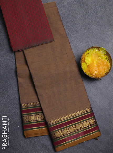Chettinad cotton saree dual shade of sandal and maroon with plain body and zari woven border