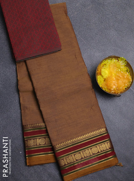 Chettinad cotton saree dark sandal and maroon with plain body and zari woven border