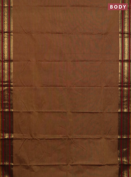 Chettinad cotton saree dark sandal and maroon with plain body and zari woven border