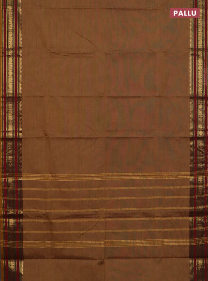 Chettinad cotton saree dark sandal and maroon with plain body and zari woven border