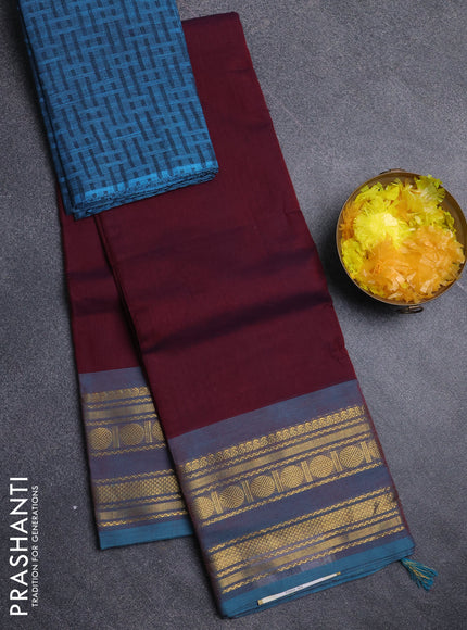 Chettinad cotton saree deep maroon and teal blue with plain body and zari woven border