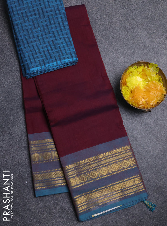 Chettinad cotton saree deep maroon and teal blue with plain body and zari woven border