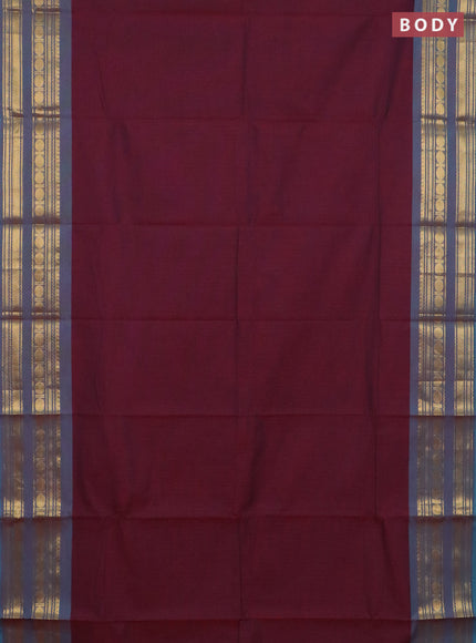 Chettinad cotton saree deep maroon and teal blue with plain body and zari woven border