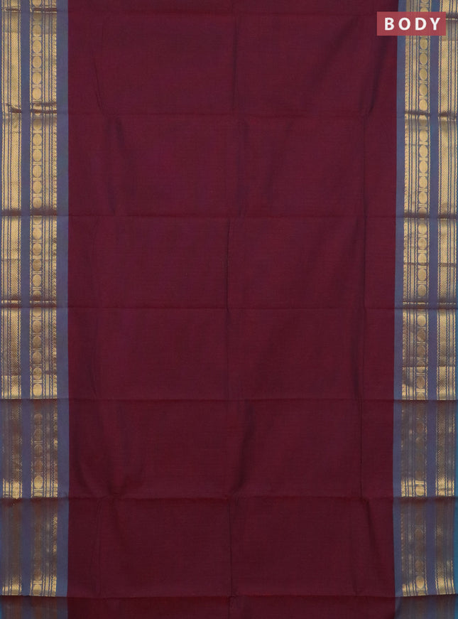Chettinad cotton saree deep maroon and teal blue with plain body and zari woven border