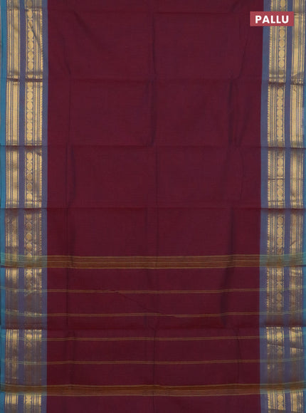 Chettinad cotton saree deep maroon and teal blue with plain body and zari woven border