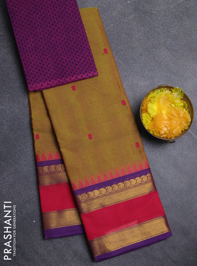 Chettinad cotton saree mustard green and purple with thread woven buttas and rettapet zari woven border