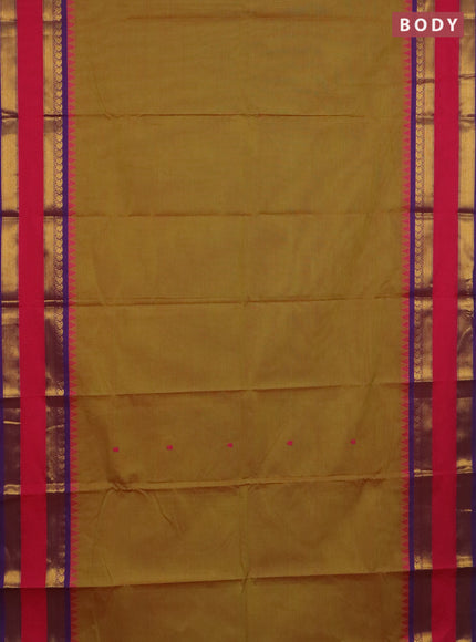 Chettinad cotton saree mustard green and purple with thread woven buttas and rettapet zari woven border