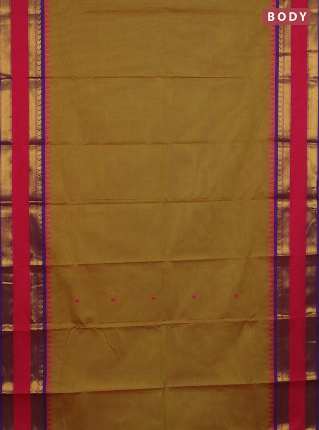 Chettinad cotton saree mustard green and purple with thread woven buttas and rettapet zari woven border
