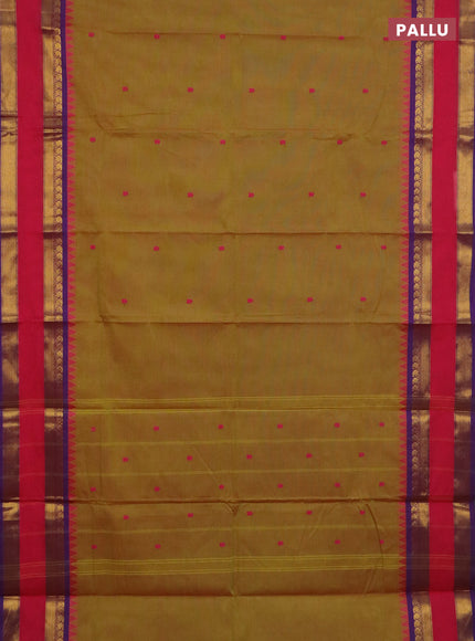 Chettinad cotton saree mustard green and purple with thread woven buttas and rettapet zari woven border