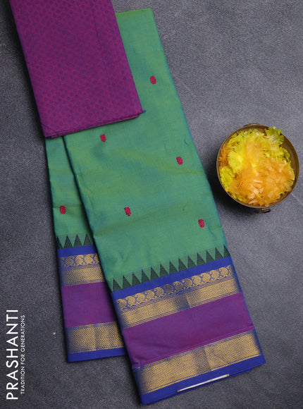 Chettinad cotton saree dual shade of teal green and purple with thread woven buttas and rettapet zari woven border