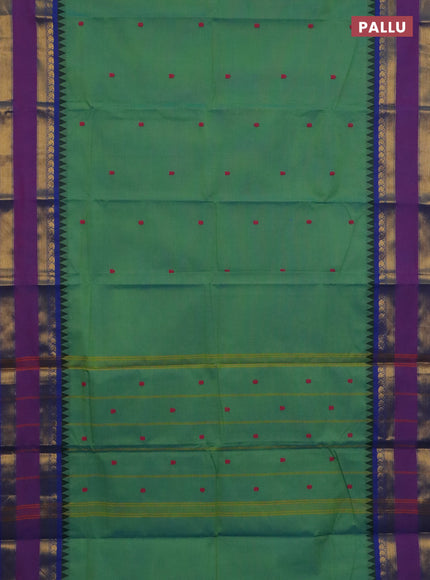 Chettinad cotton saree dual shade of teal green and purple with thread woven buttas and rettapet zari woven border