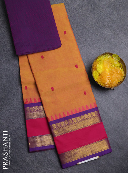 Chettinad cotton saree mustard yellow and purple with thread woven buttas and rettapet zari woven border