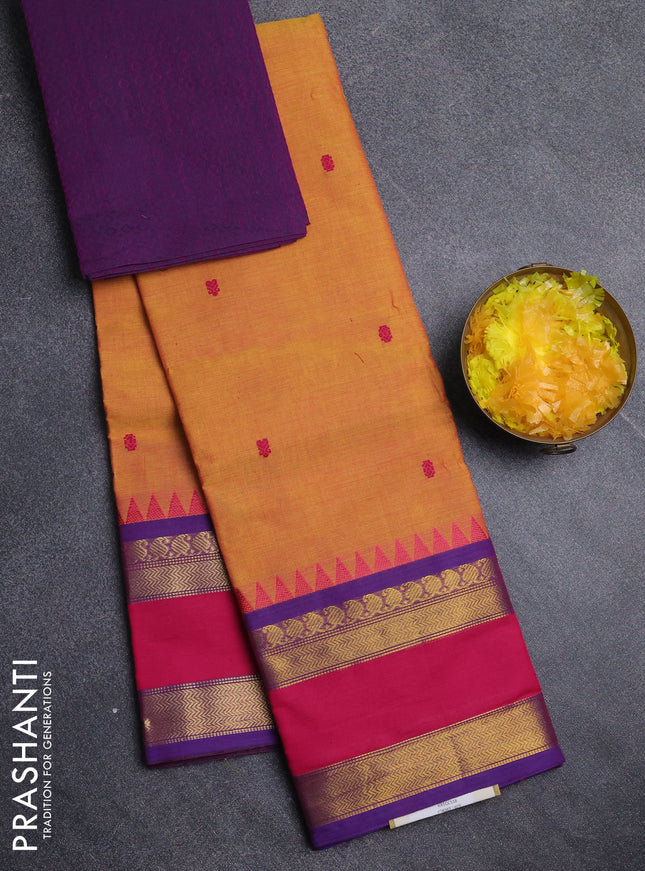 Chettinad cotton saree mustard yellow and purple with thread woven buttas and rettapet zari woven border