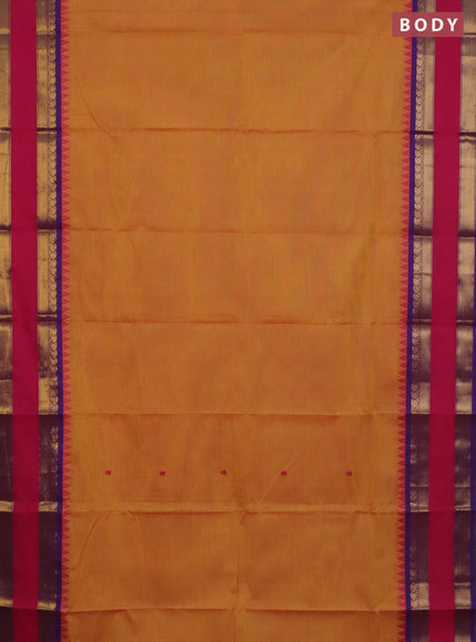 Chettinad cotton saree mustard yellow and purple with thread woven buttas and rettapet zari woven border