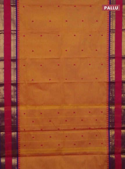 Chettinad cotton saree mustard yellow and purple with thread woven buttas and rettapet zari woven border