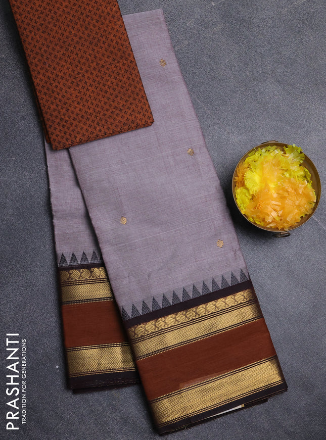 Chettinad cotton saree pastel grey and coffee brown with zari woven buttas and rettapet zari woven border