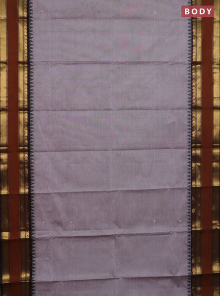 Chettinad cotton saree pastel grey and coffee brown with zari woven buttas and rettapet zari woven border