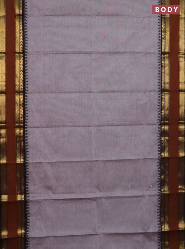 Chettinad cotton saree pastel grey and coffee brown with zari woven buttas and rettapet zari woven border
