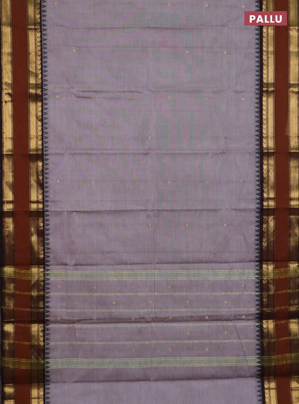 Chettinad cotton saree pastel grey and coffee brown with zari woven buttas and rettapet zari woven border