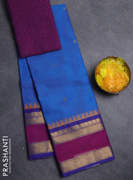 Chettinad cotton saree cs blue and purple with zari woven buttas and rettapet zari woven border
