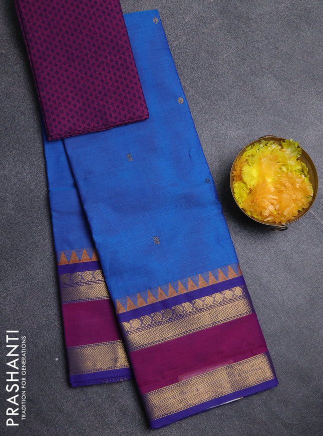 Chettinad cotton saree cs blue and purple with zari woven buttas and rettapet zari woven border