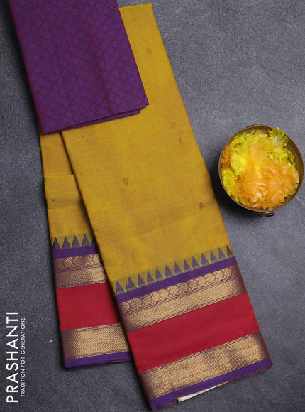 Chettinad cotton saree mustard yellow and purple with zari woven buttas and rettapet zari woven border