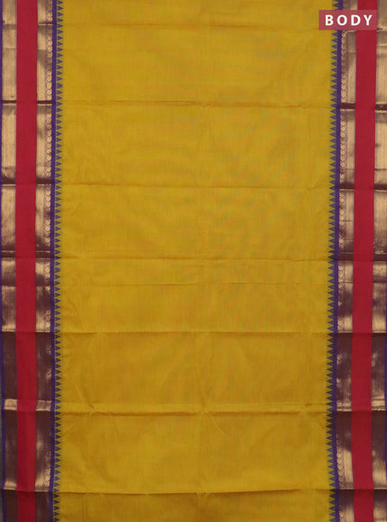 Chettinad cotton saree mustard yellow and purple with zari woven buttas and rettapet zari woven border