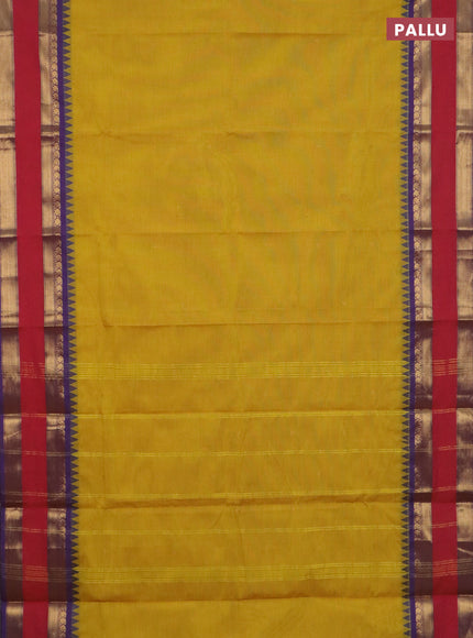 Chettinad cotton saree mustard yellow and purple with zari woven buttas and rettapet zari woven border