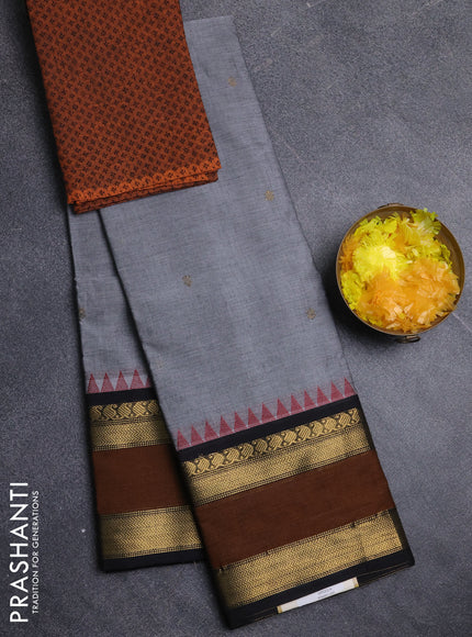 Chettinad cotton saree grey and dark mustard with zari woven buttas and rettapet zari woven border