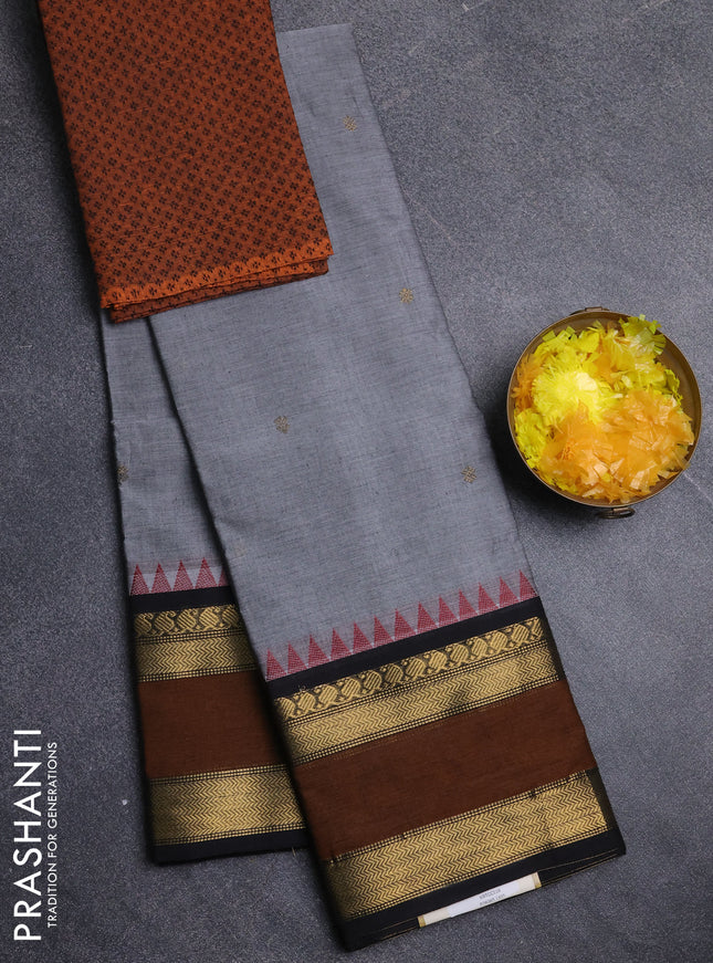Chettinad cotton saree grey and dark mustard with zari woven buttas and rettapet zari woven border