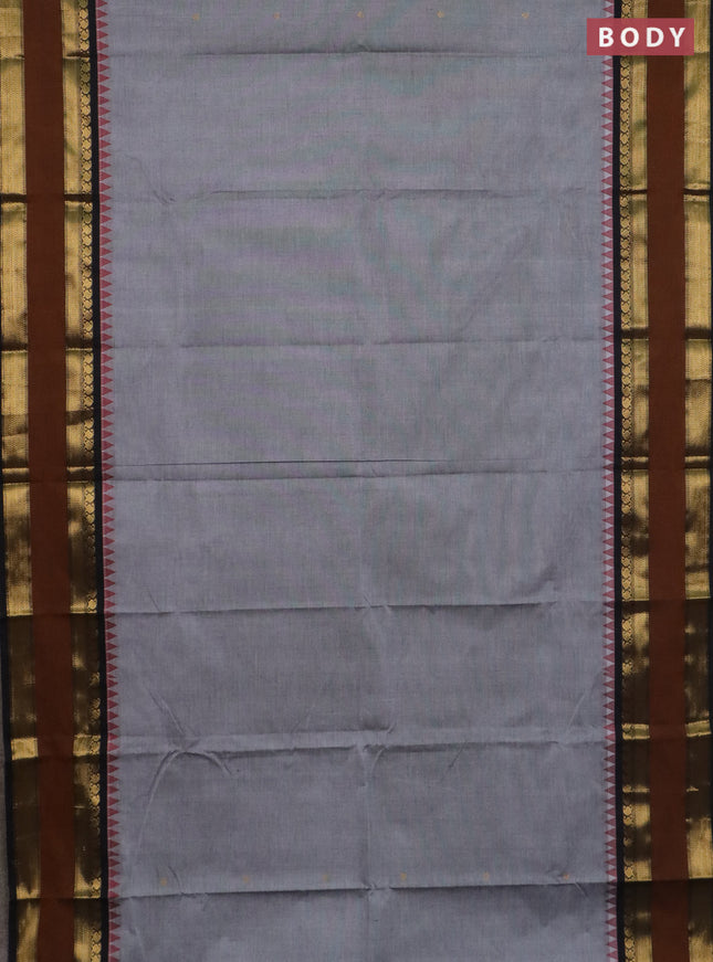 Chettinad cotton saree grey and dark mustard with zari woven buttas and rettapet zari woven border
