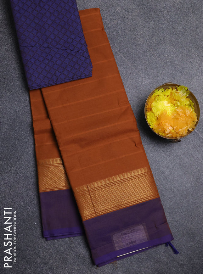 Chettinad cotton saree mustard yellow and blue with plain body and zari woven simple border