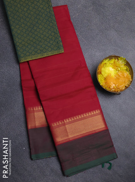 Chettinad cotton saree deep maroon and green with plain body and zari woven simple border
