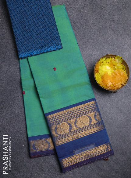 Chettinad cotton saree dual shade of teal green and peacock blue with thread woven buttas and long zari woven border