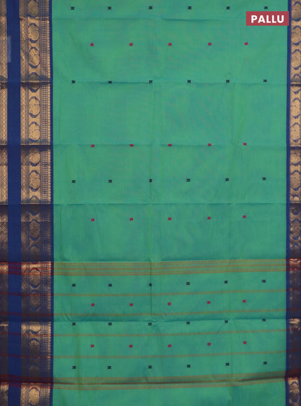 Chettinad cotton saree dual shade of teal green and peacock blue with thread woven buttas and long zari woven border