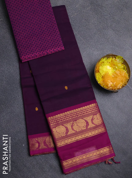 Chettinad cotton saree deep purple and purple with thread woven buttas and long zari woven border